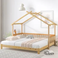 Łóżka dla dzieci i młodzieży - Merax łóżko dziecięce 90x200cm/180x200cm łóżko wysuwane Rozkładane łóżko domowe z zabezpieczeniem przed wypadnięciem i kształtem dachu, lite drewno łóżko pojedyncze i podwójne domek dziecięcy - miniaturka - grafika 1