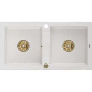 Mexen Mario zlewozmywak granitowy 2-komorowy 820 x 436 mm, biały, syfon złoty - Zlewozmywaki - miniaturka - grafika 1