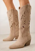 Kozaki damskie - Ciemnobeżowe Ażurowe Kozaki Kowbojki na Obcasie typu Stożek Tidrina - Renee - miniaturka - grafika 1