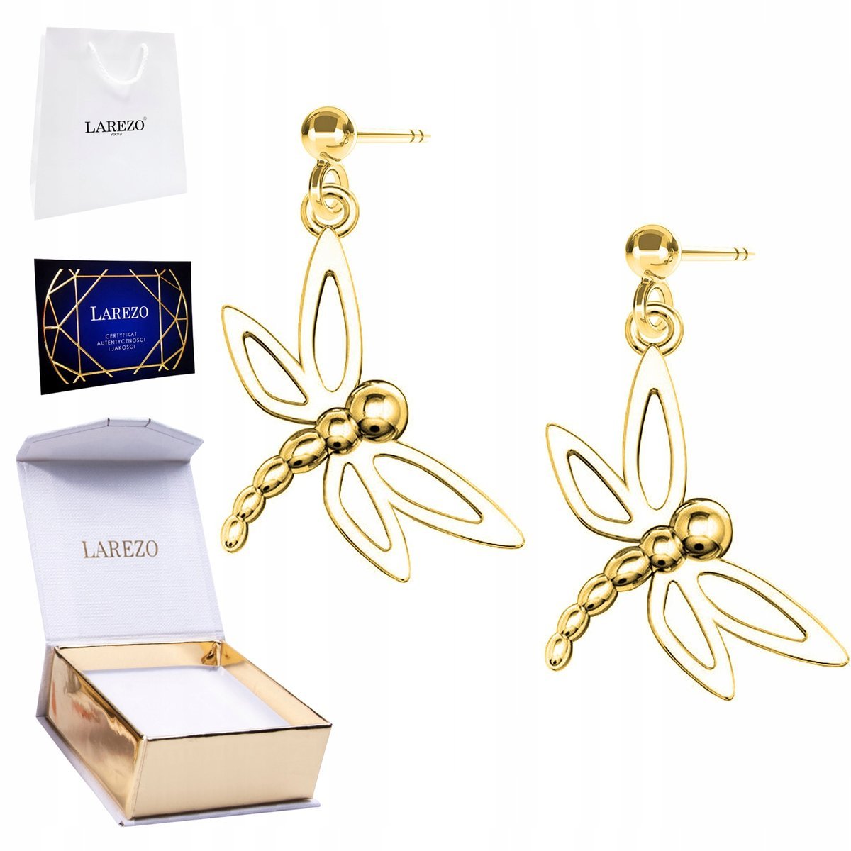 Złote Kolczyki 925 Pozłacane 24K z Ważka Lśniące Ważki Owady ze Skrzydłami