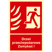 Oznaczenie "Drzwi przeciwpożarowe. Zamykać! Kierunek drogi ewakuacyjnej w prawo" 15 x 22,2