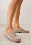 Mokasyny damskie - Ciemnobeżowe Ażurowe Mokasyny ze Skórzaną Wkładką Ozdobione Przeszyciami Sylilise - miniaturka - grafika 1