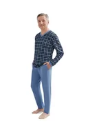 Piżamy damskie - PIŻAMA MĘSKA 2XL DŁUGI RĘKAW SPODNIE W KRATKĘ BAWEŁNIANA DLA TATY DZIADKA BŁĘKITNA - miniaturka - grafika 1