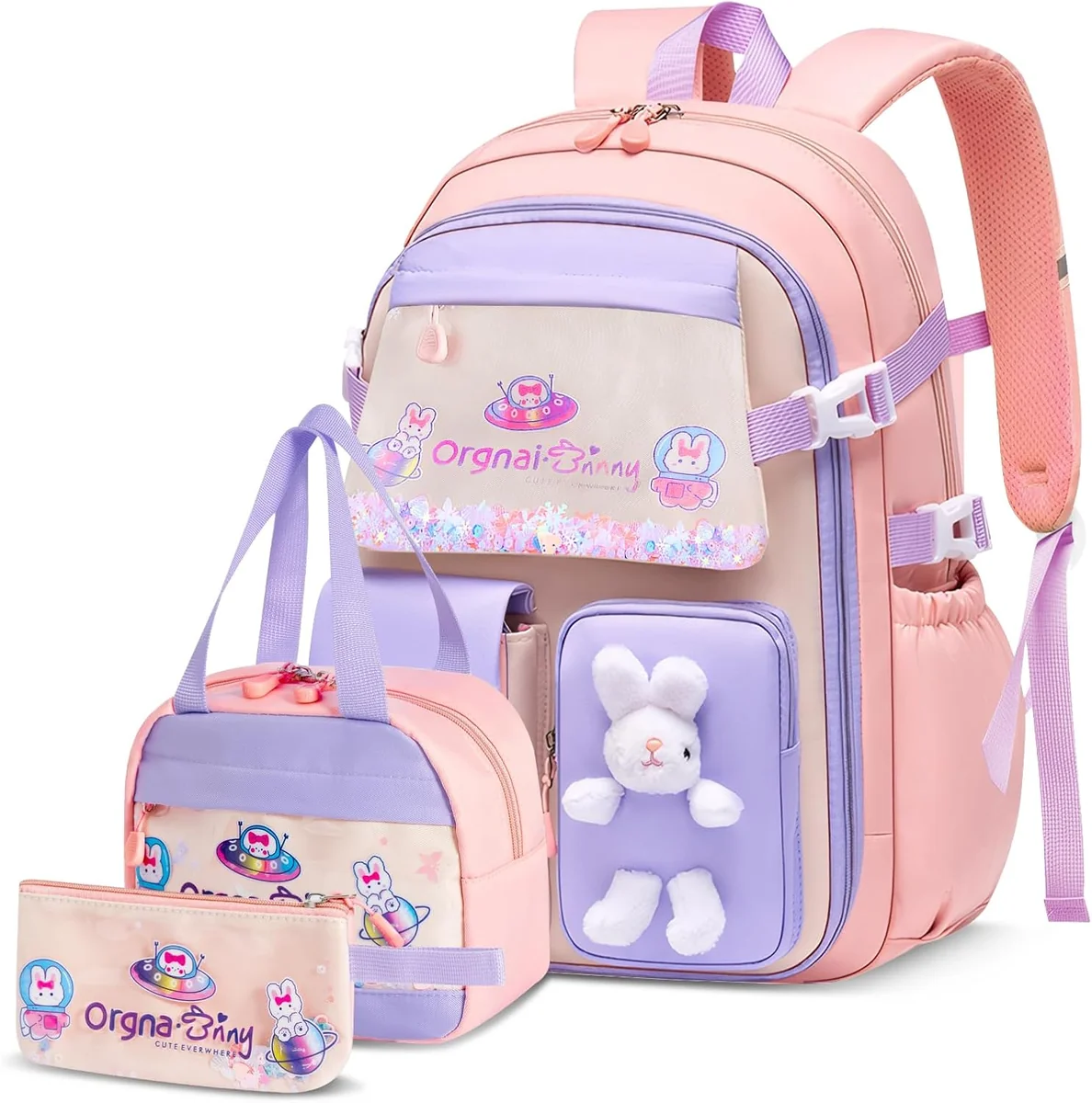 Tornister szkolny 3-częściowy dziewczęcy kawaii z torbą lunch i piórnikiem