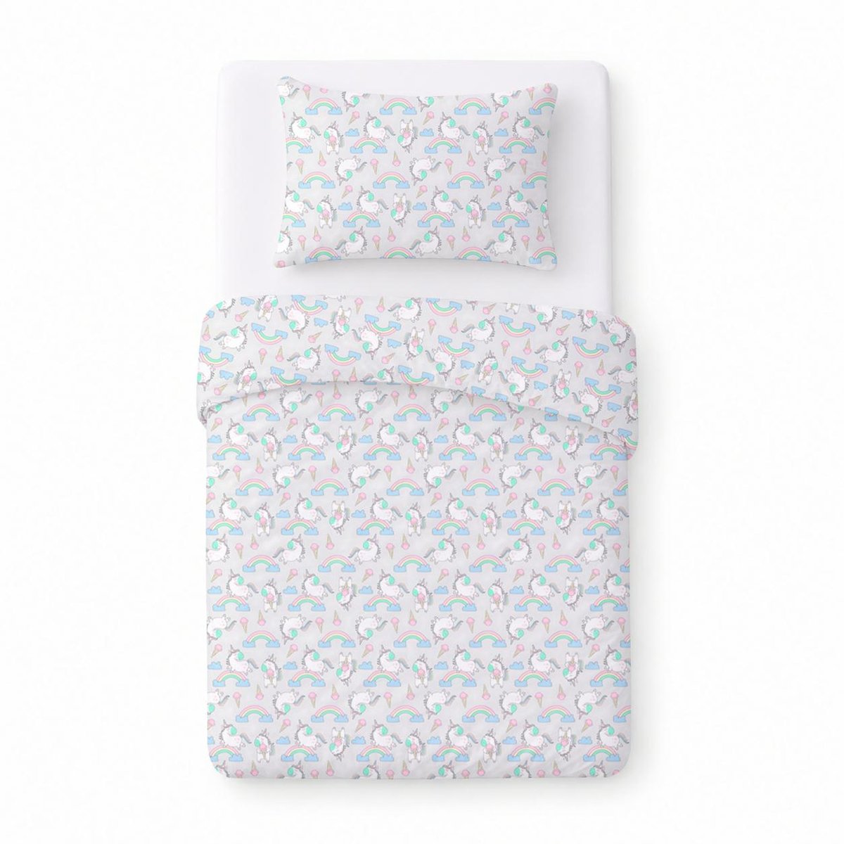 Pościel bawełniana dziecięca 100x135 szara jasna w jednorożce i tęcze, dziecięcy nowoczesny - COTTON HOME KIDS