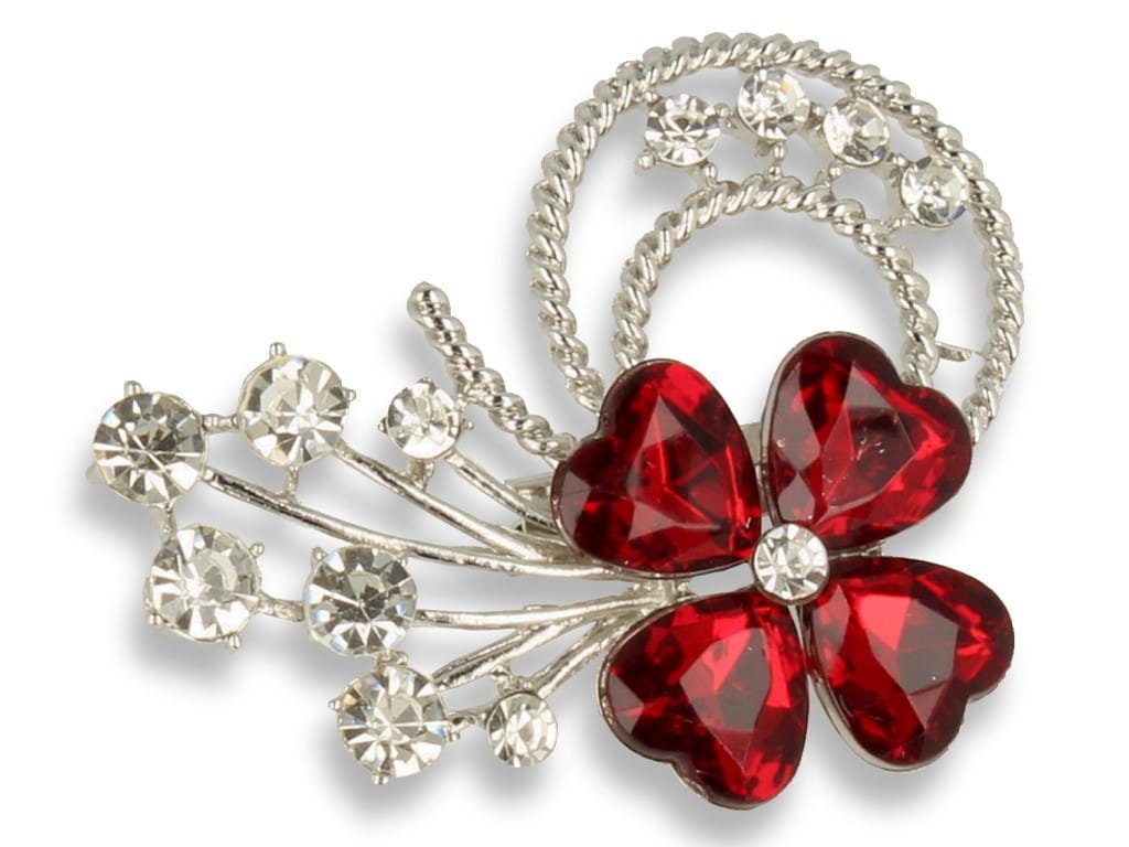 Broszka Damska Srebrna Bukiet Z Czerwonym Kwiatem