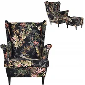 Fotele - Fotel uszak z podnóżkiem roślinność na czarnym tle - miniaturka - grafika 1