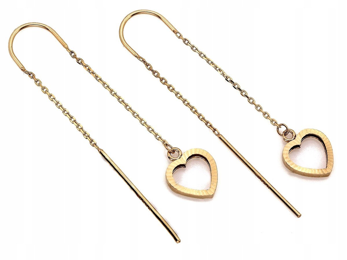 Kolczyki złote długie 585 przeciągane z sercem ramki serduszek 14kt prezent