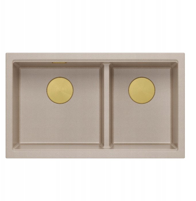 GraniteQ QUADRON LOGAN 120 granitowy zlewozmywak kuchenny PEARL BEIGE + ZŁOTY PVD wymiar: 76 x 45 x 23,5 cm 2-komorowy wpuszczany podbudowa szafki od: 80 cm brak