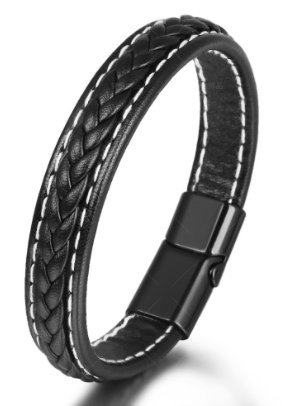 Bransoletka męska skórzana czarna pleciona z białym przeszyciem