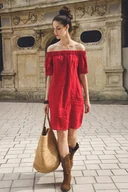 Sukienki - Lniana sukienka hiszpanka mini czerwień - miniaturka - grafika 1