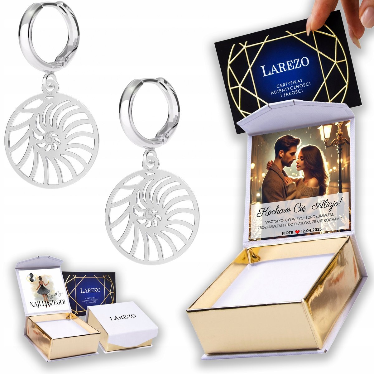 Kolczyki Srebrne 925 Okrągłe Blaszki z Muszlą Muszelki Muszle NADRUK