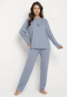 Piżamy damskie - Jasnoniebieski Komplet Piżamowy 2-Częściowy z Bawełny Bluzka z Guzikami i Kokardą Spodnie z Gumką w Pasie Evalethea - miniaturka - grafika 1