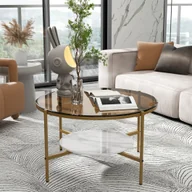 Ławy i stoliki kawowe - WISFOR okrągły stolik kawowy ze szkła hartowanego + marmur + metal, stolik do salonu szklany stolik sofy, z 2 półkami nowoczesny design, brązowy - miniaturka - grafika 1