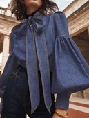 Koszule damskie - Damska dżinsowa koszula z bufiastymi rękawami - Granatowy XXL - miniaturka - grafika 1