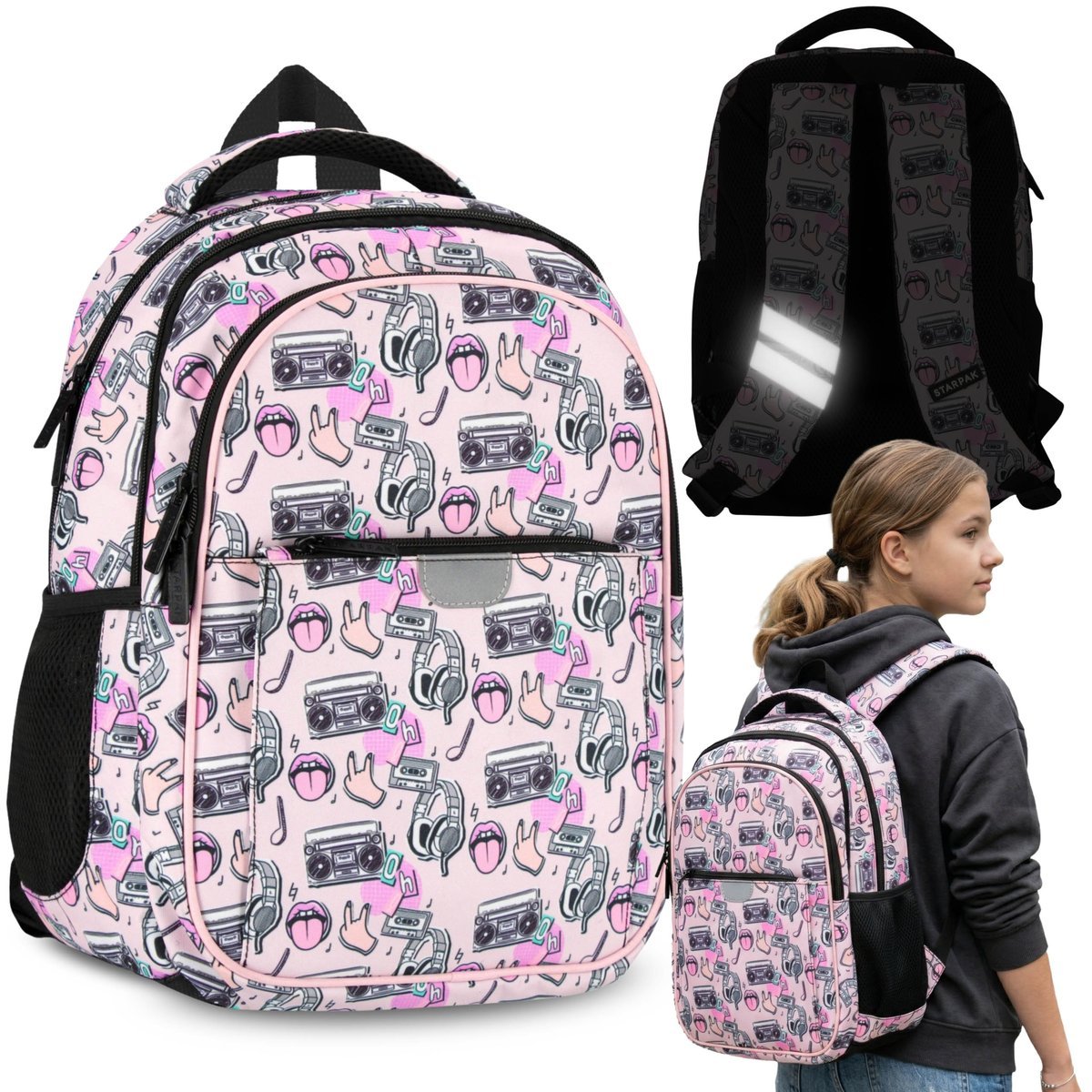 Muzyka USZTYWNIANY plecak szkolny dla dziewczynki, Z ODBLASKAMI, CZTEROKOMOROWY 40x29x20cm, 23l