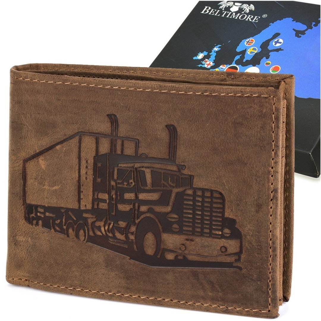Portfel skórzany męski brązowy nubuk poziomy skóra ciężarówka RFiD Beltimore R93 brązowy, beżowy