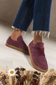 Półbuty damskie - Bordowe półbuty barefoot skórzane zamszowe damskie szerokie na elastycznej płaskiej podeszwie cholewka z przeszyciami sznurowane PRODUKT POLSKI Casu M8669 - miniaturka - grafika 1