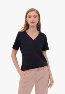 Granatowa koszulka z dekoltem w serek T-LEA - Koszulki i topy damskie - miniaturka - grafika 1