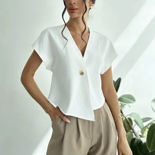 TEMU Bluzka z Dekoltem w Serek na Guziki o Bliskowschodnim Stylu dla Kobiet – Lekka, Pranie Maszynowe, Jednokolorowa Koszula na Letnie Dojazdy, - Koszule damskie - miniaturka - grafika 1