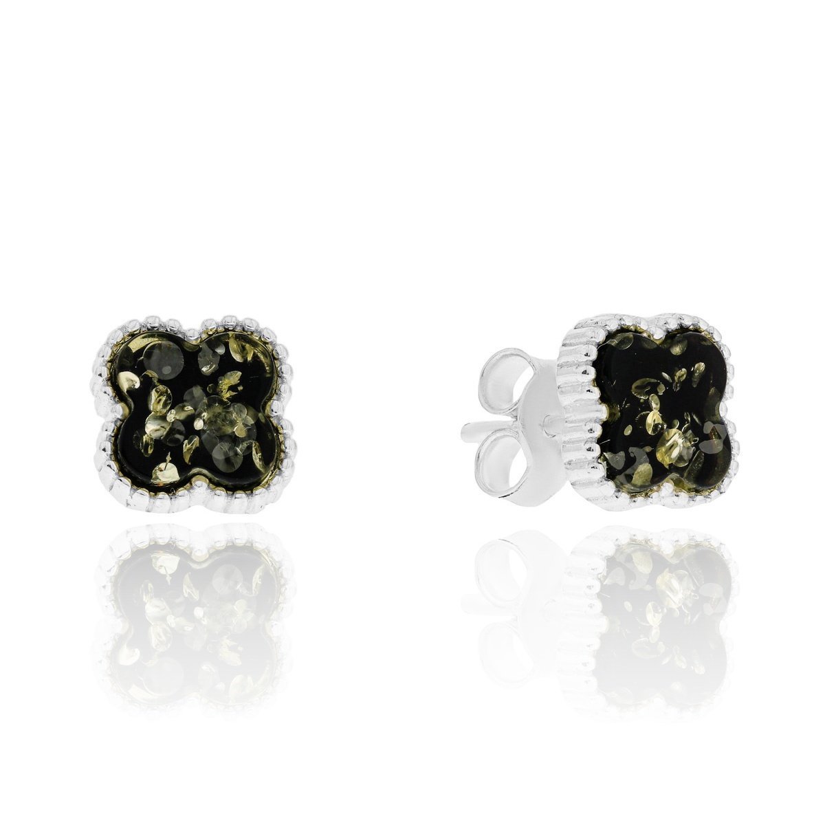 Srebrne kolczyki z bursztynem koniczynki, sztyfty pr. 925