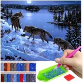 Malowanie po numerach - Haft Diamentowy ARTULIO, Obraz DIY 5D, Diamond Painting, Mozaika diamentowa 30x40cm (Wataha wilków podczas pełni księżyca) + zestaw akcesoriów - miniaturka - grafika 1