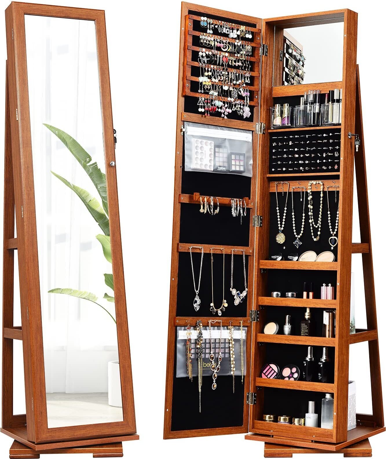 Obrotowa szafka na biżuterię z pełnowymiarowym lustrem, szafka 2 w 1 z wbudowanym lustrem, zamykany stojak na biżuterię (brązowy)