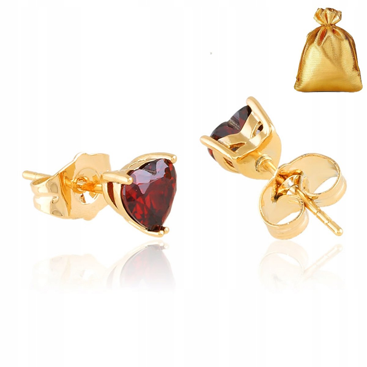 Złote Kolczyki Damskie Stal Chirurgiczna Serca Czerwone Wkrętki Prezent 18K
