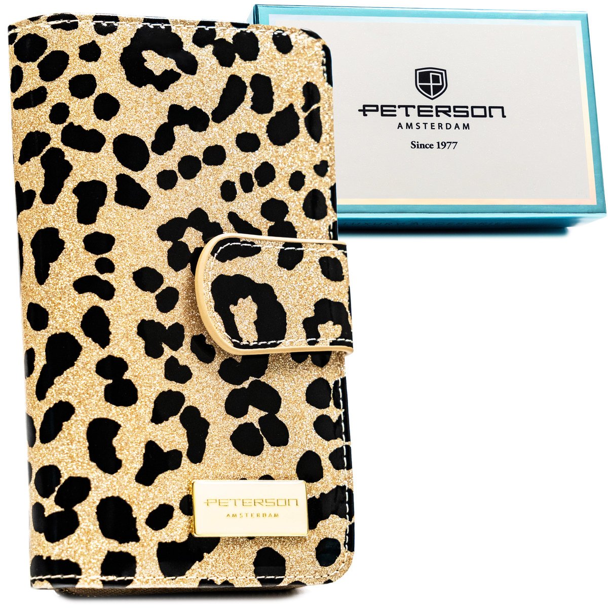 Złoty portfel damski skórzany PETERSON rozbudowany na karty ochrona RFID lakierowany modny elegancki na prezent