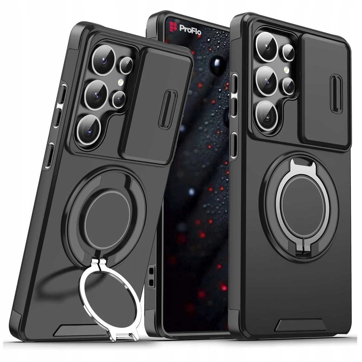 Etui do Samsung S23 Ultra Pancerne Czarne Zamykany Aparat Case z Podstawką