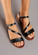 Sandały damskie - Czarne Sandały na Płaskiej Podeszwie w Klasycznym Stylu ze Sprzączką Minni - miniaturka - grafika 1