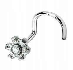 Tytanowy SREBRNY Kolczyk do Nosa Kwiatek Cyrkonie NOSTRIL PIERCING