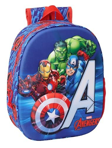 Safta AVENGERS Plecak szkolny 3D, z wzorem 3D, dostosowany do koszyka, idealny dla dzieci w różnym wieku, wygodny i wszechstronny, jakość i odporność, 27 x 10 x 33 cm, ciemnoniebieski/czerwony, M, na