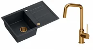 Zlewozmywaki z baterią - Quadron Zlewozmywak granitowy jednokomorowy 78*50*22 cm z ociekaczem MORGAN 111 BLACK DIAMOND z miedzianym odpływem z baterią NATALIE Q LINE kolor miedziany - miniaturka - grafika 1