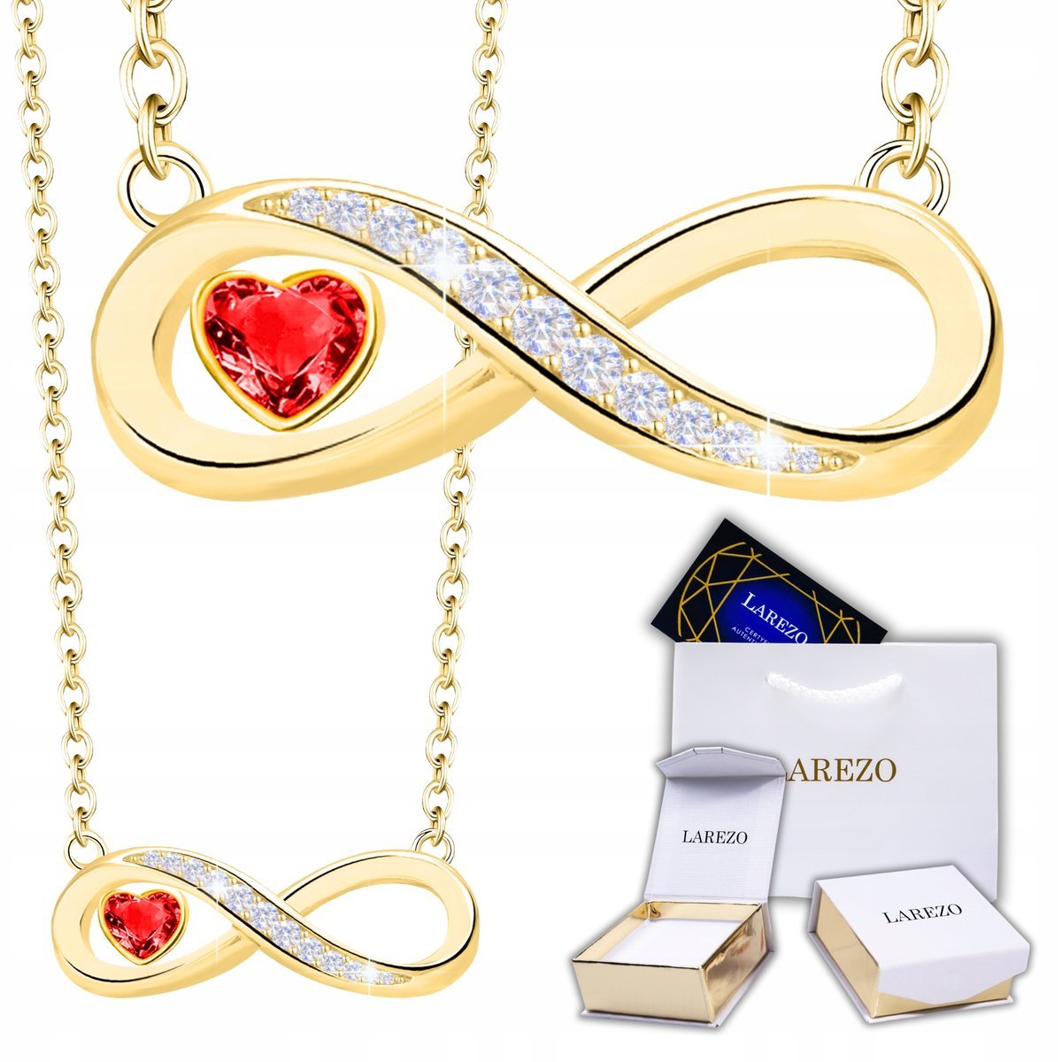 Złoty Naszyjnik Nieskończoność 925 Czerwone Kryształowe Serce POZŁACANY 585
