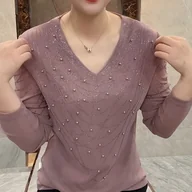 Bluzki damskie - TEMU Elegancka Bluzka Damska z Dekoltem w Serek, Długim Rękawem i Wstawką z Siatki, Sylwetka A-Line - Ciepła Kurtka Warstwowa na Zimę, Jednokolorowa, - miniaturka - grafika 1