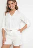 Bluzki damskie - Biała Bluzka o Trapezowym Kroju z Dekoltem w Serek i Podpinanymi Rękawami Aslimi - miniaturka - grafika 1