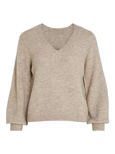 Vila VIJAMINA REV V-Neck L/S Knit TOP-NOOS sweter z dzianiny, naturalny melanż, L, Naturalny melanż, L - Swetry damskie - miniaturka - grafika 1