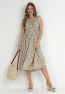 Sukienki - Miętowo-Brązowa Rozkloszowana Sukienka Midi na Szerokich Ramiączkach z Gumkami w Pasie Anelanie - Born2be - miniaturka - grafika 1