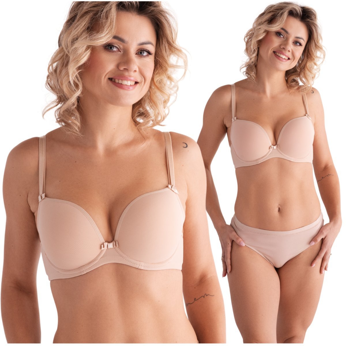 Biustonosz usztywniany stanik plunge gładki beżowy Lemax Leila 65E