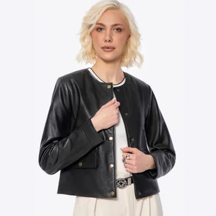 Damska kurtka ze skóry o prostym fasonie czarna - Kurtki damskie - miniaturka - grafika 1
