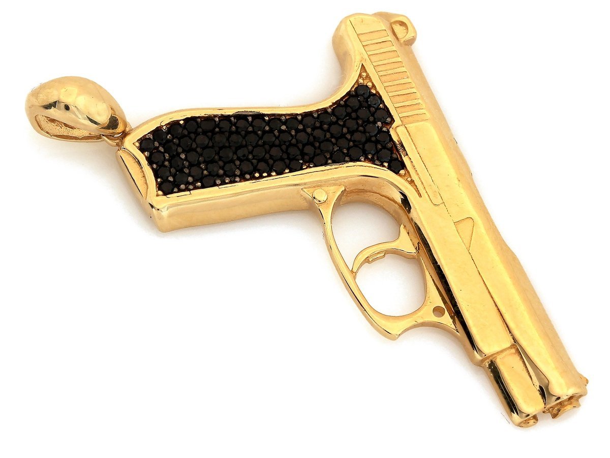 Wyrazista złota zawieszka pistolet złoto próba 585 z czarnymi cyrkoniami nowoczesna efektowna na łańcuszek