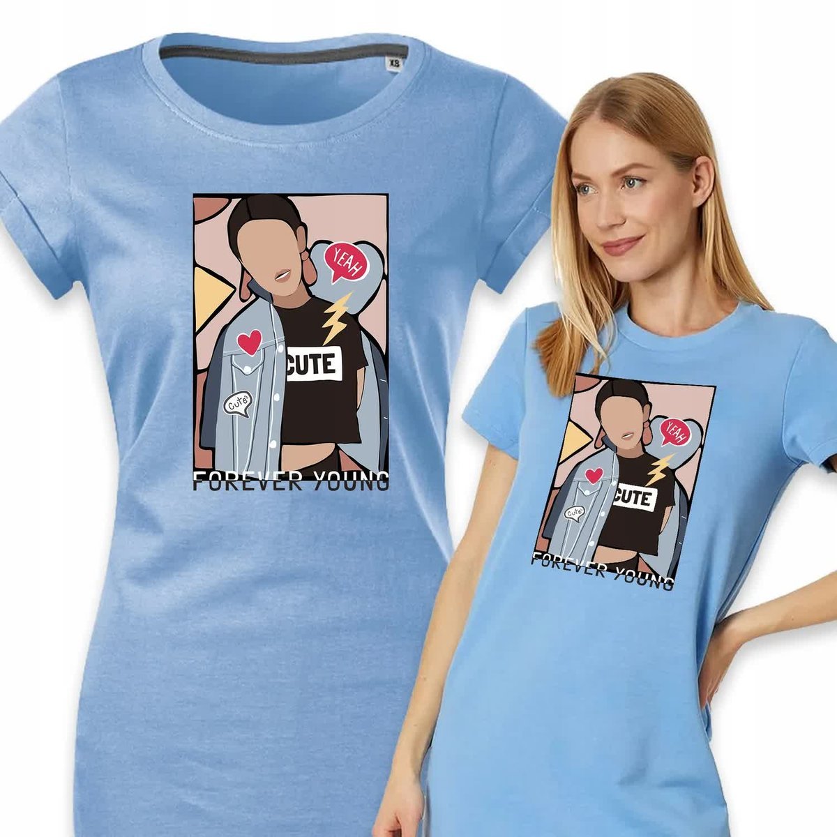 PIŻAMA DAMSKA BŁĘKITNA Koszula Nocna Na Prezent FOREVER YOUNG Wzory - M