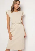 Sukienki - Beżowa Sukienka z Wiskozą o Pudełkowym Kroju z Paskiem z Klamrą Polliviera - miniaturka - grafika 1