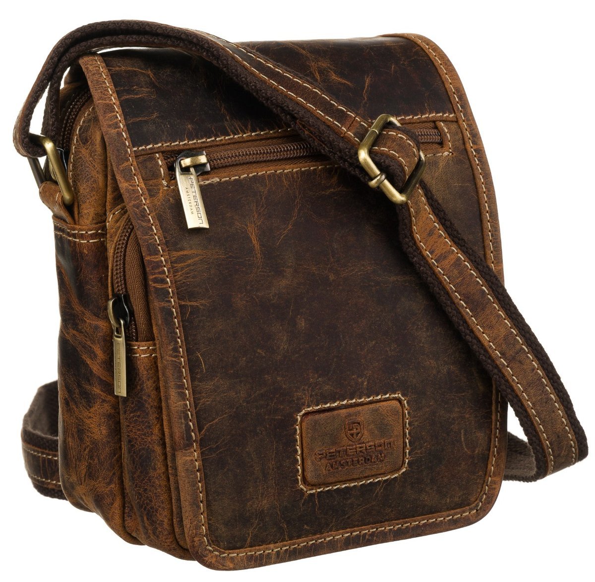 Torebka męska na ramię ze skóry naturalnej brązowa listonoszka na suwak miejska mała saszetka funkcjonalna lekka kieszonki PETERSON