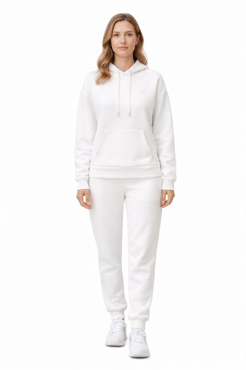 GUESS BIAŁA BLUZA Z KAPTUREM Z TAŚMĄ Z LOGO NA RĘKAWIE S 1I4A