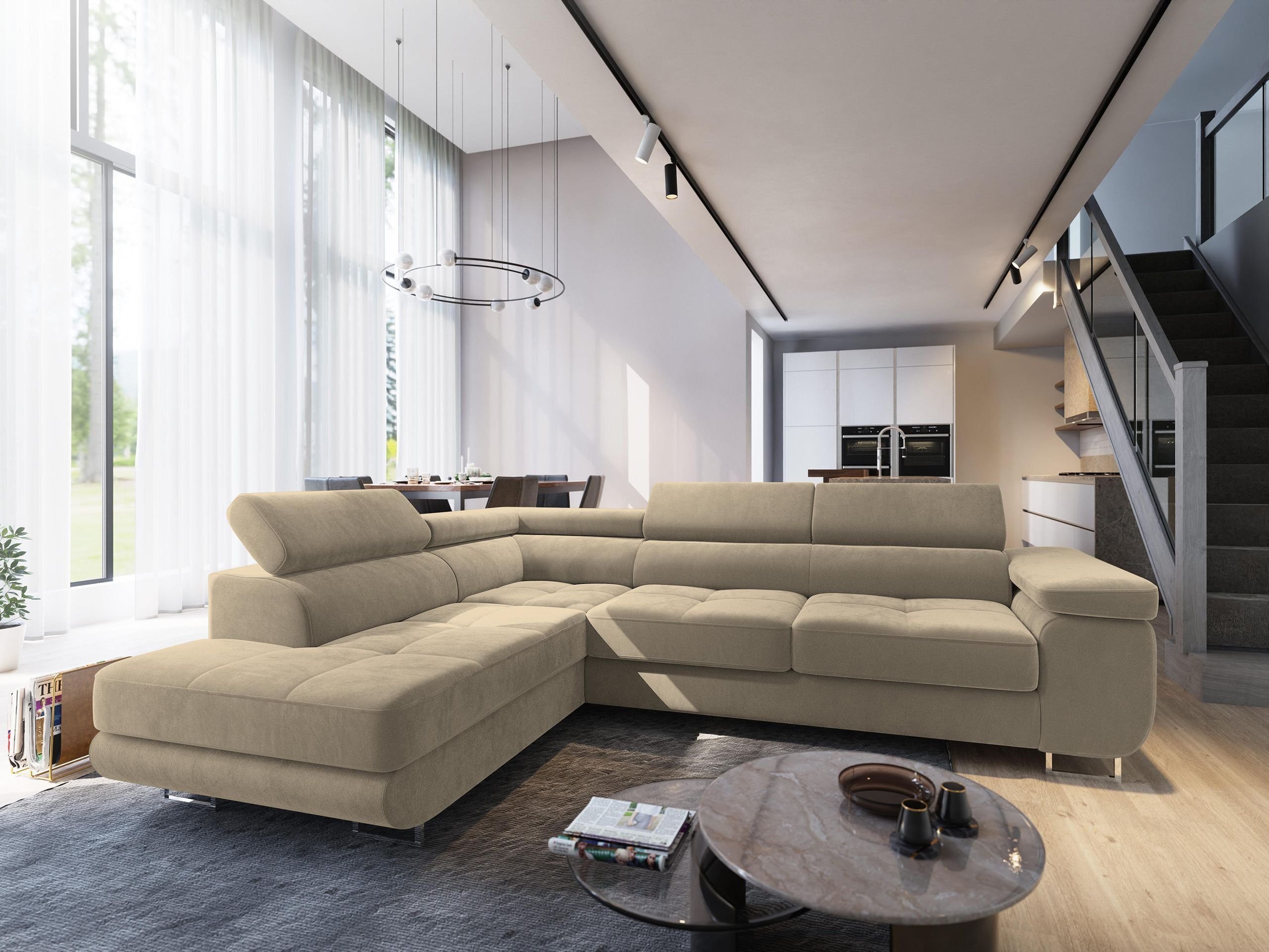 Masseno Narożnik SELVA L-S z funkcją spania i pojemnikiem na pościel Kształt L, Rozkładana sofa, Rogówka - Kremowy, MONOLITH 04