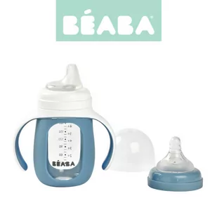 Béaba BÉABA, Filiżanka/Butelka do nauki 2 w 1, Szkło, Silikonowe etui, solidne, zdrowe, 100% wodoodporne, zdejmowane uchwyty, 210ml, Niebieski - Butelki dla niemowląt - miniaturka - grafika 1