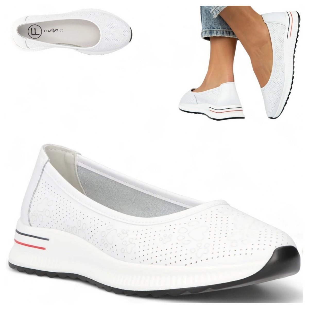 Baleriny Damskie SKÓRZANE FILIPPO Wygodne białe Ażurowe Półbuty Wsuwane 36