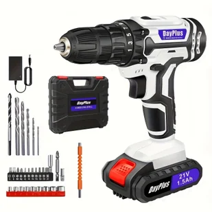 TEMU Wiertarka-Skrzynka Bezprzewodowa 21V z Akumulatorem Li-ion 1500mAh, 2 Zmienne Prędkości i 25+1 Ustawień Obrotowego z Oświetleniem LED, Przenośny - Inne - miniaturka - grafika 1
